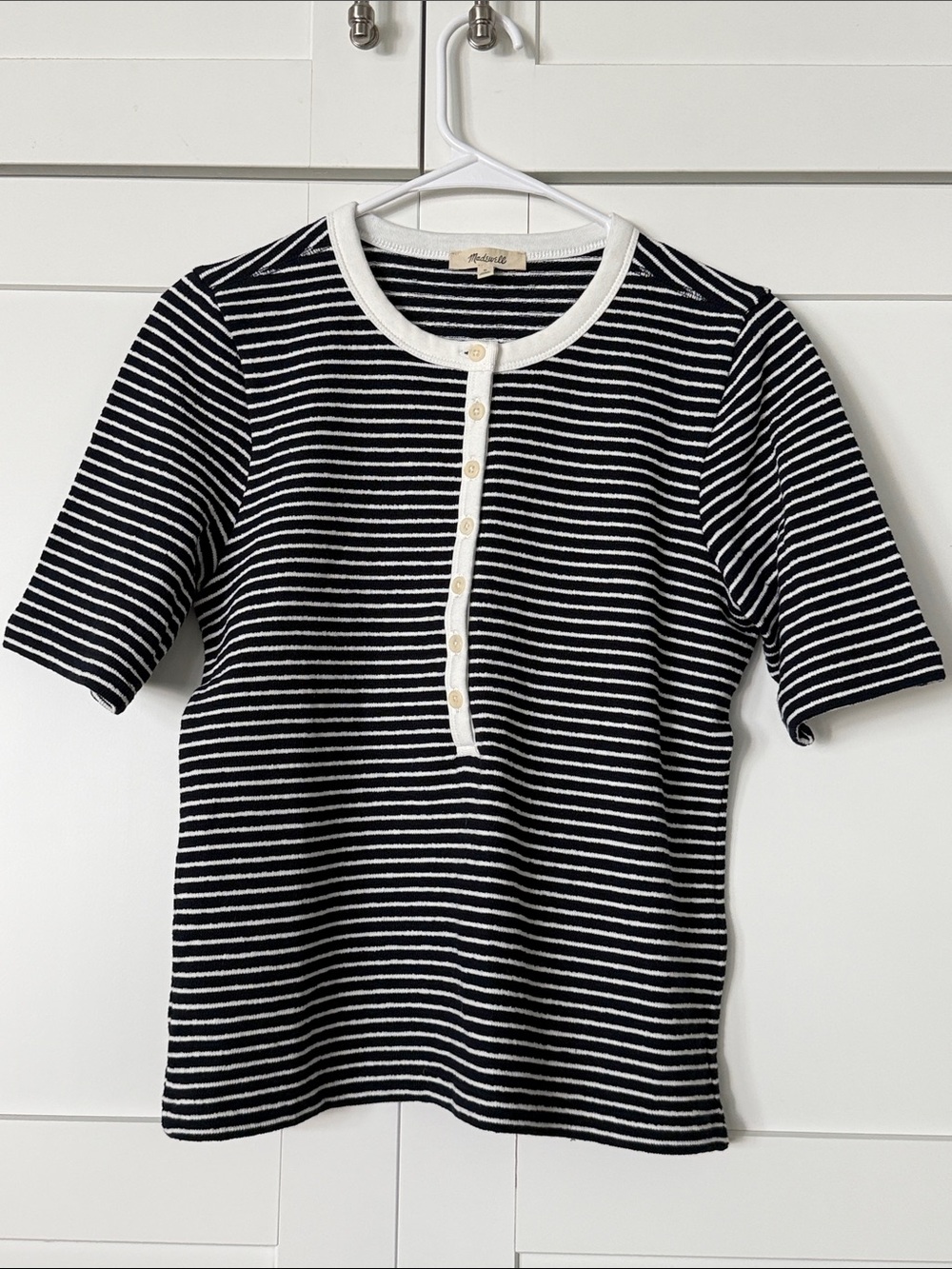 Madewell Navy & White Striped Short Sleeve Henley Top